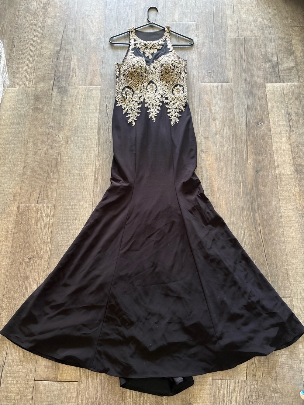 Xscape Black Gown with Gold Lace Appliqué